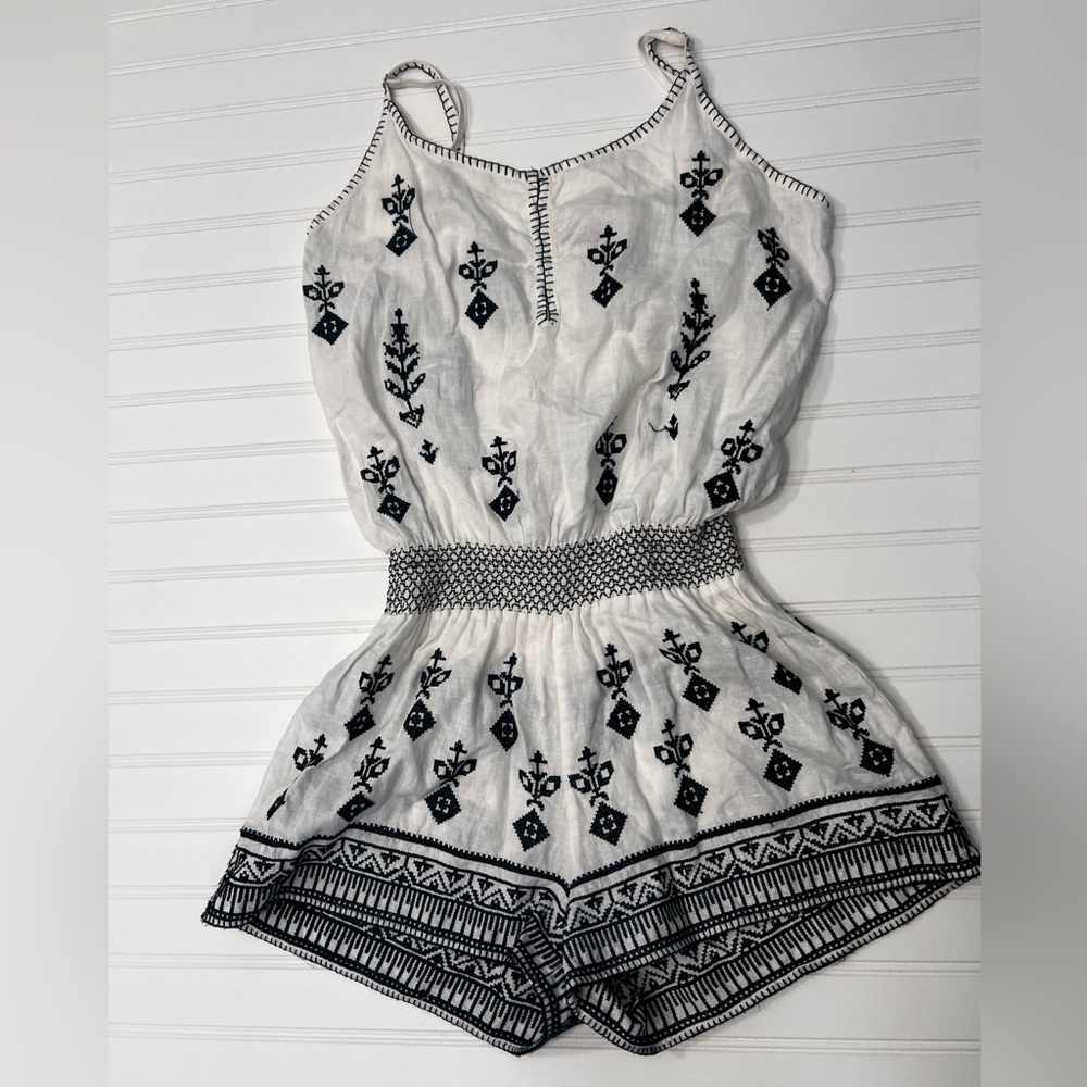 Calypso St. Barth Romper Jumper Embroidered Boho 100% Linen S Coastal Vacation